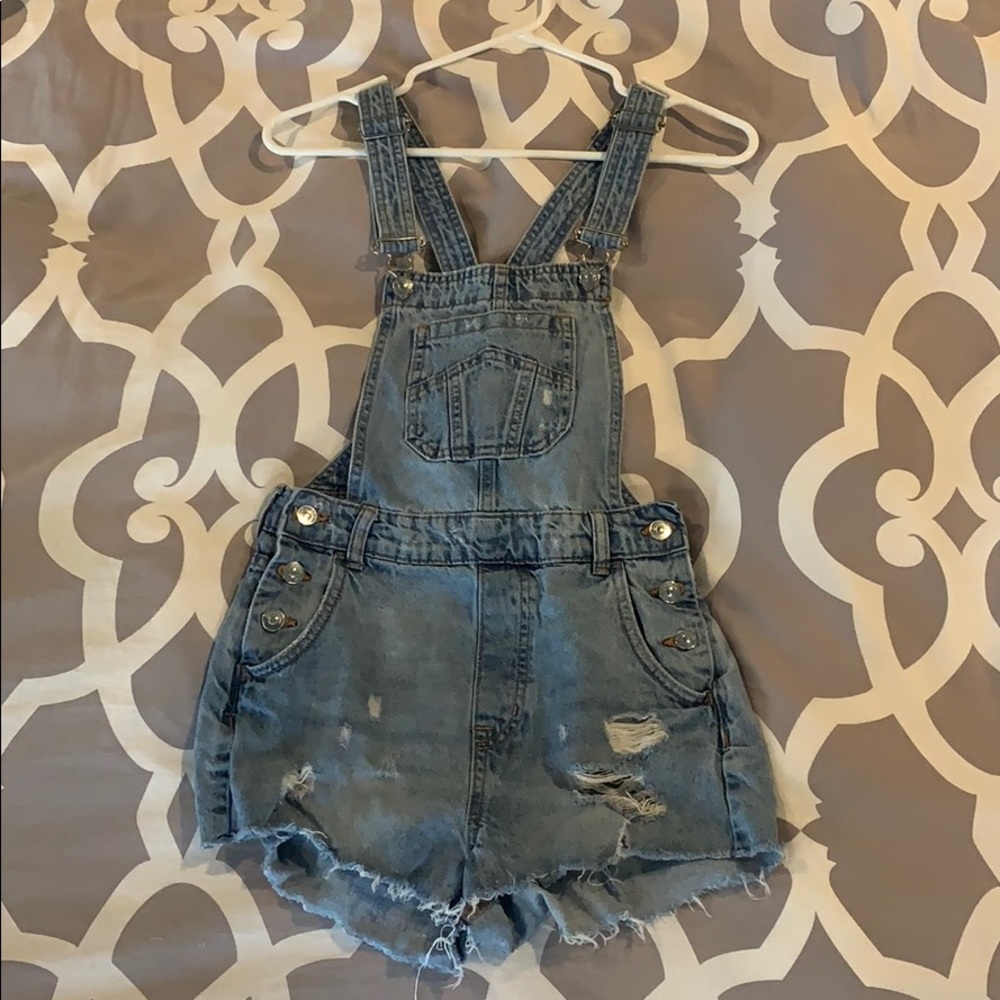 H&M Denim Jeans Short Distressed Blue Overalls